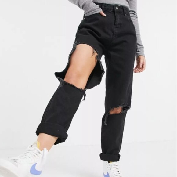 ASOS extreme distressed black high rise mom jeans - Picture 1 of 8